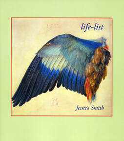Cover of Life-List, a poetry book. The cover features a colorful bird wing from an Albrecht Durer painting, against a cream background, surrounded by a thick pale green border.